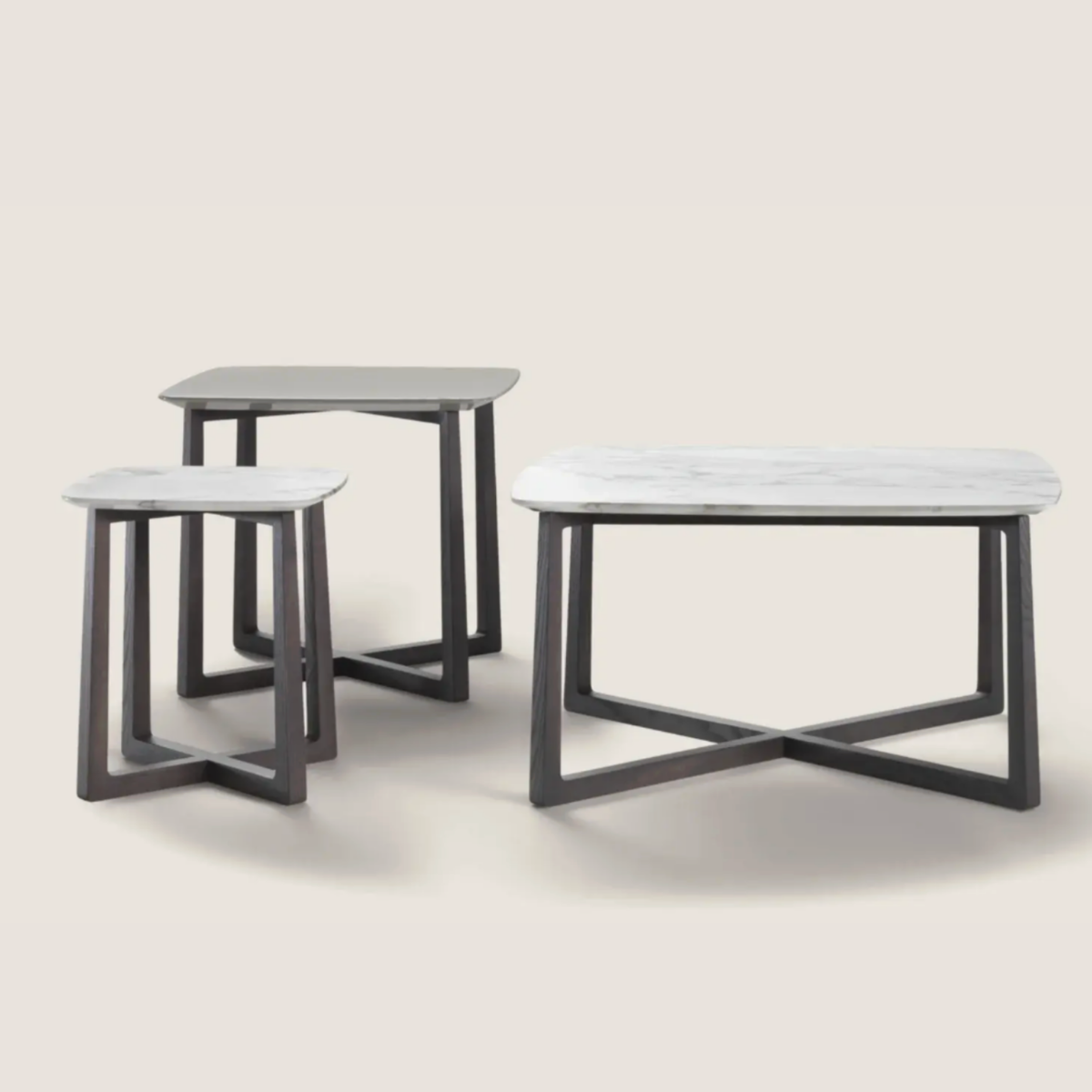 GIPSY SMALL TABLE SET OF 3,  CM. 60X60 (1 QTY), MARBLE EMEPRADOR ; CM. 40X40 , MARBLE CALACATTA (2 QTY)